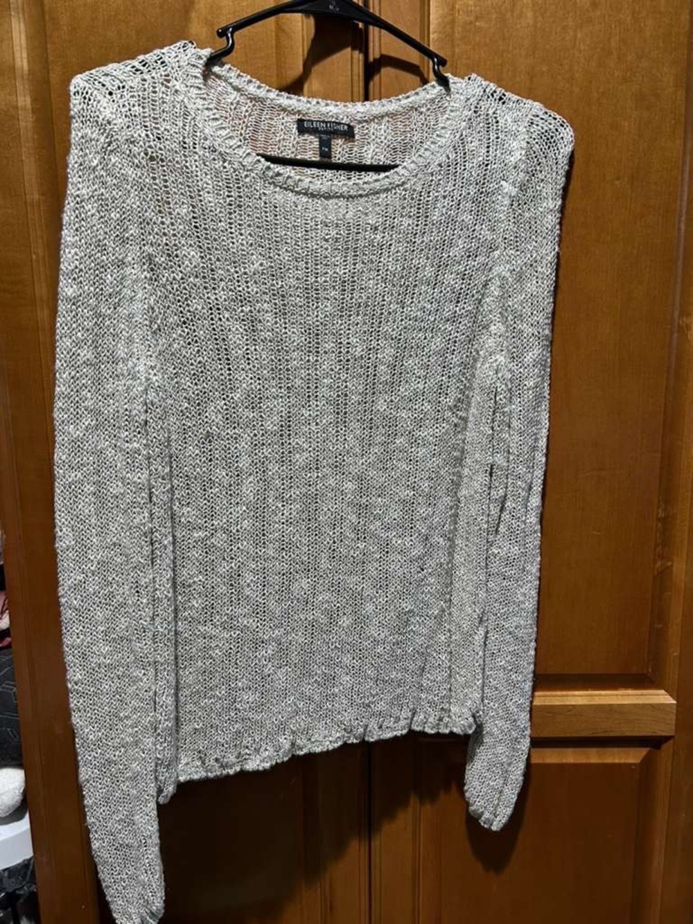 Eileen Fisher Silver-Gray Open Knit Crewneck Sweater